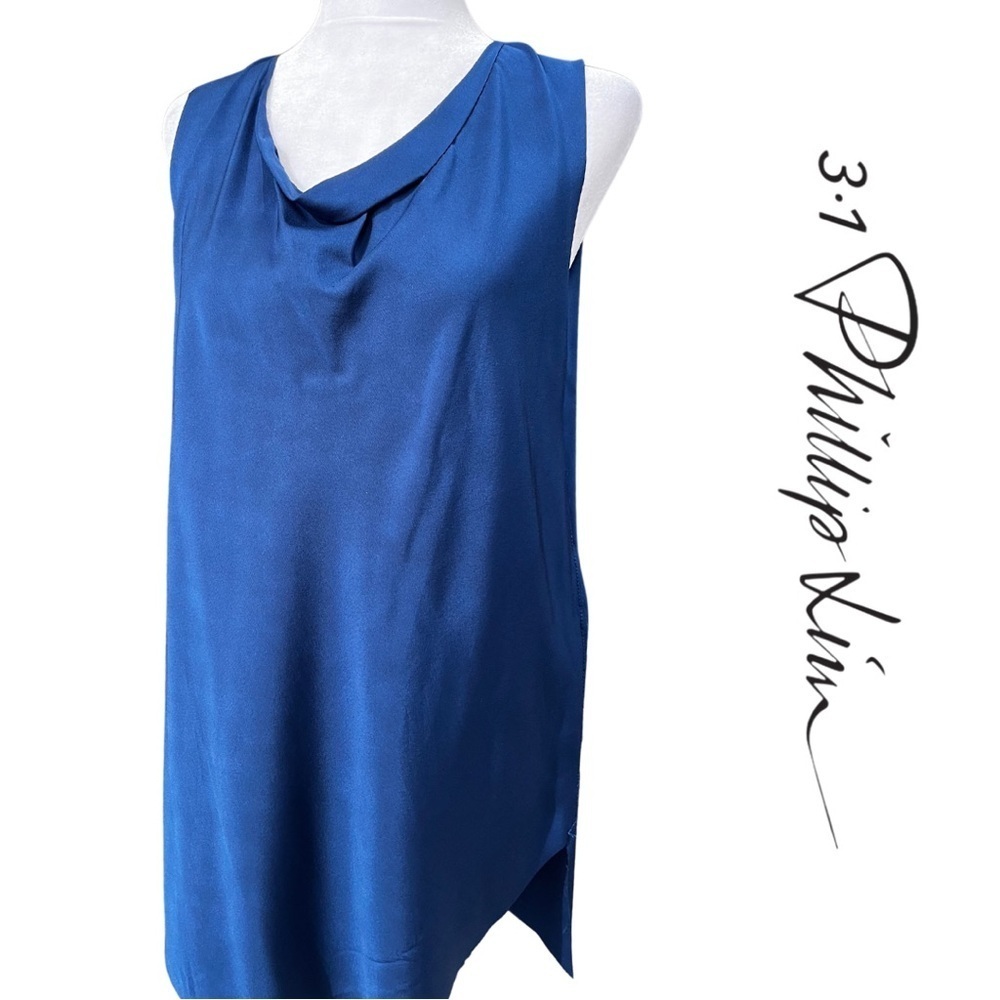 3.1 Phillip Lim Blue Silk Drape Neck Sleeveless High Low Blouse Cowl Neck Medium